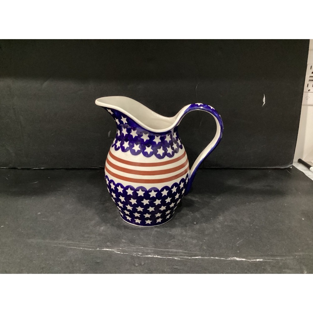 Boleslawiec Americana Polish Pottery Stars & Stripes 9" Pitcher Red White Blue